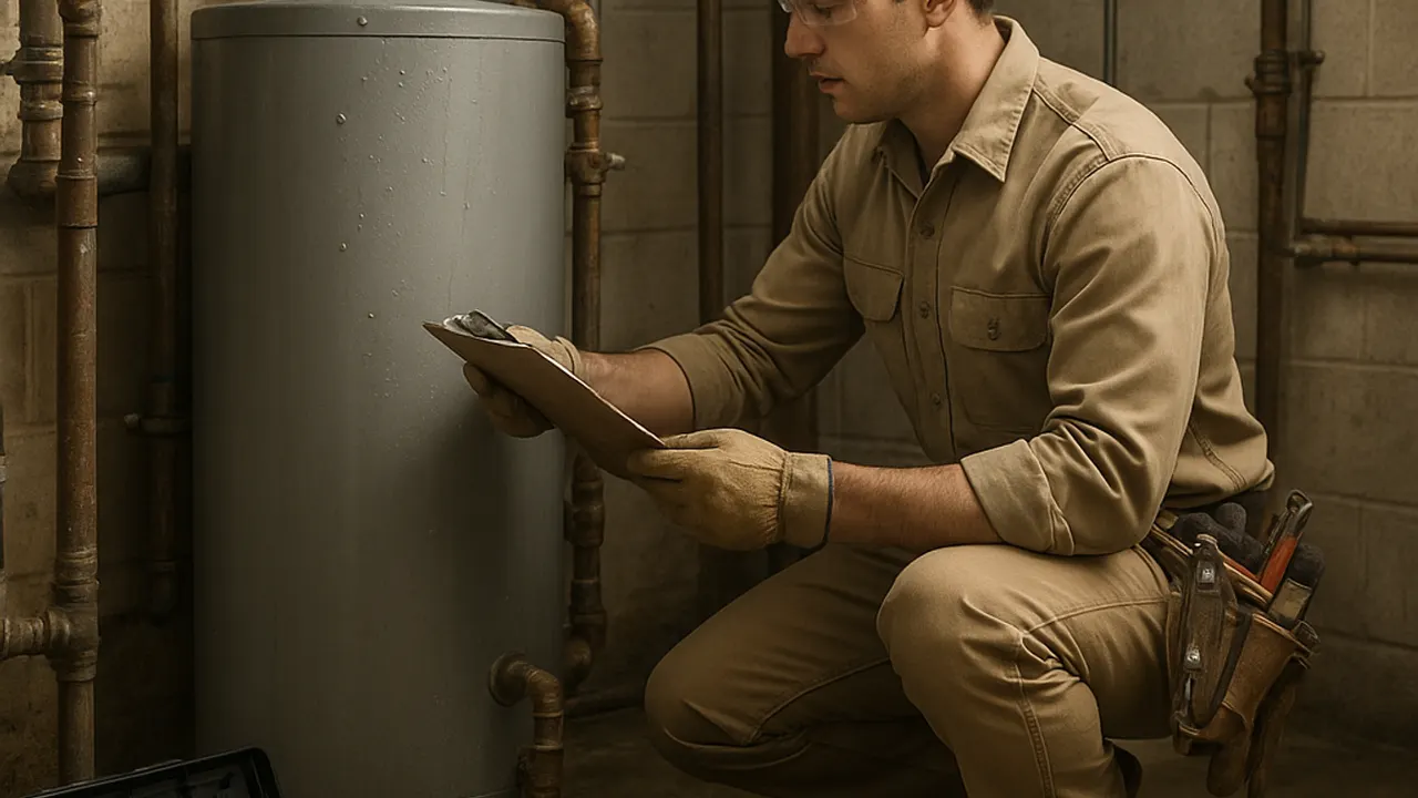 Commercial Plumbing in Fountain Valley: licensed plumber inspecting a large industrial water heater in a commercial