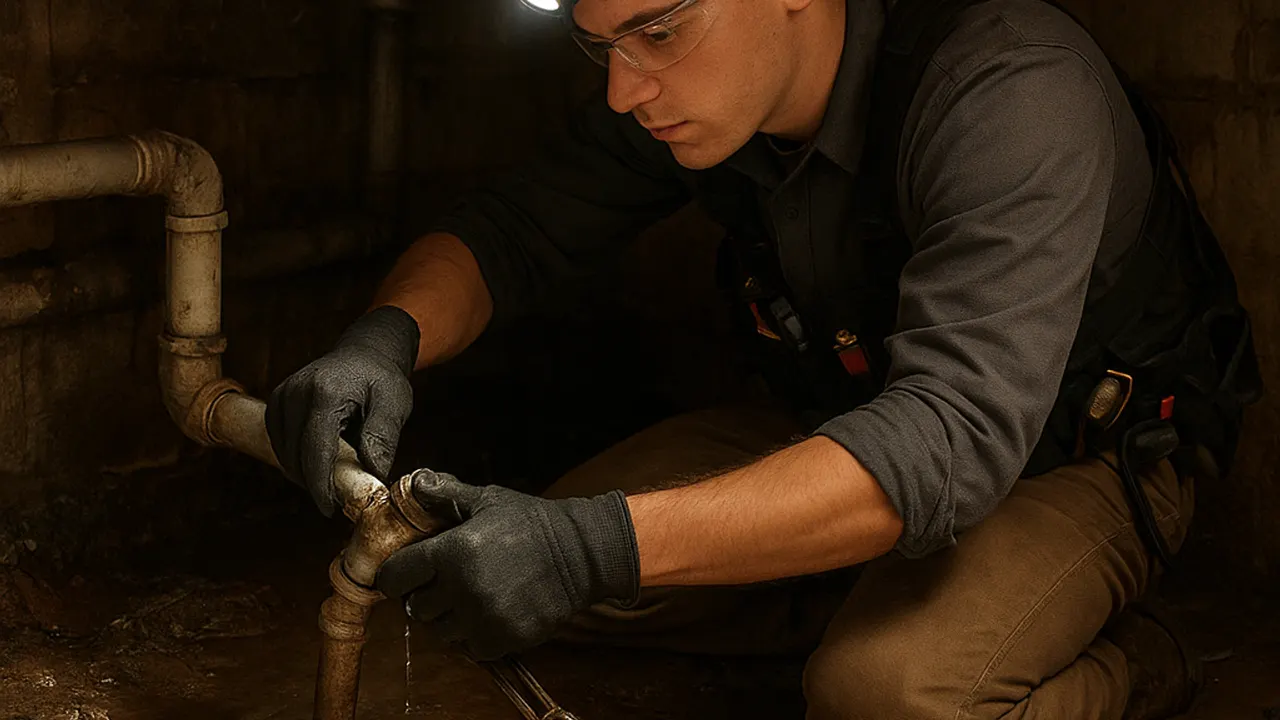 Emergency Plumber in Fountain Valley: licensed plumber, with a flashlight strapped to his head, working in a dimly lit