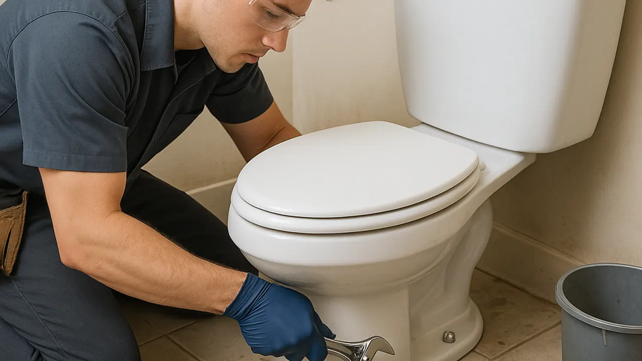 Toilet Repair in Fountain Valley: licensed plumber tightening the bolts holding a toilet to the floor flange with a wrench