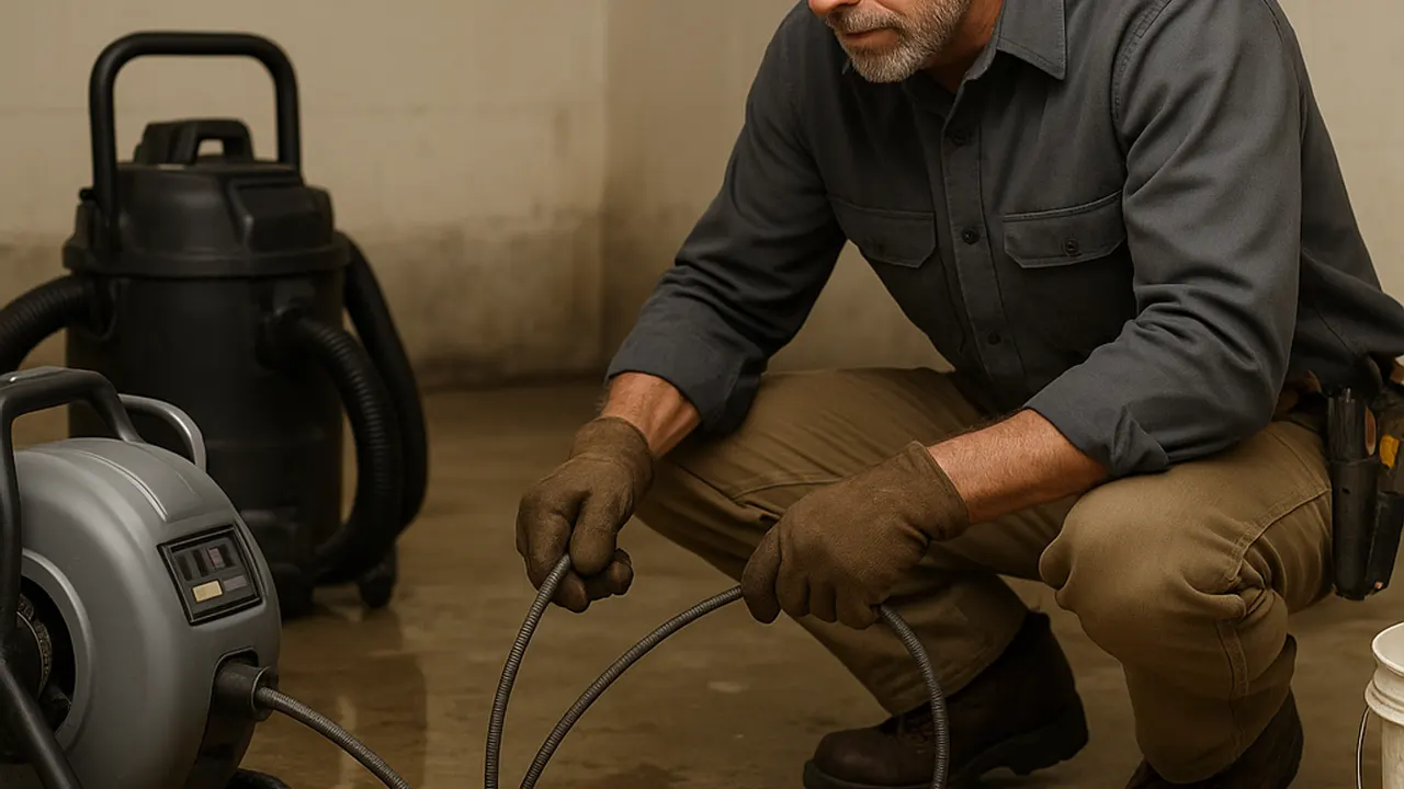 Clogged Drain Cleaning in Fountain Valley: licensed plumber feeding a motorized drain snake cable into an open floor drain