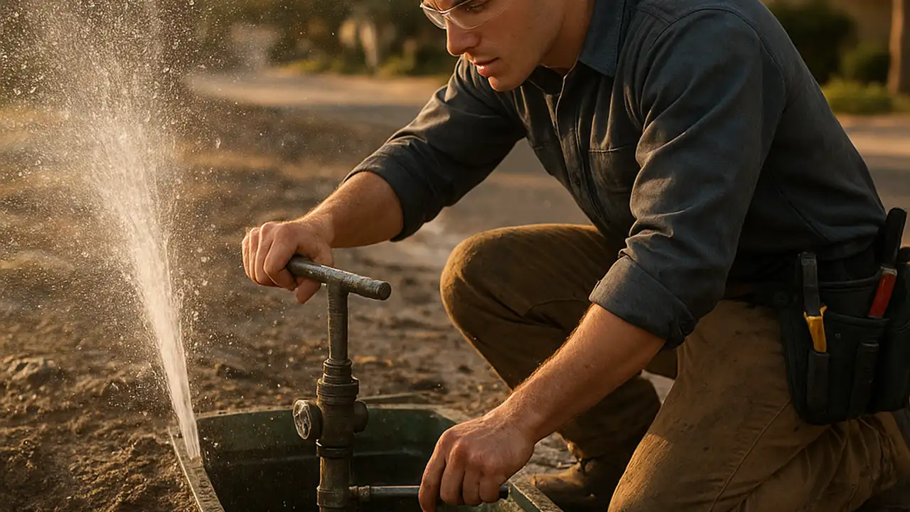Emergency Plumbing Service in Fountain Valley: licensed plumber quickly shutting off a main water valve at an outdoor