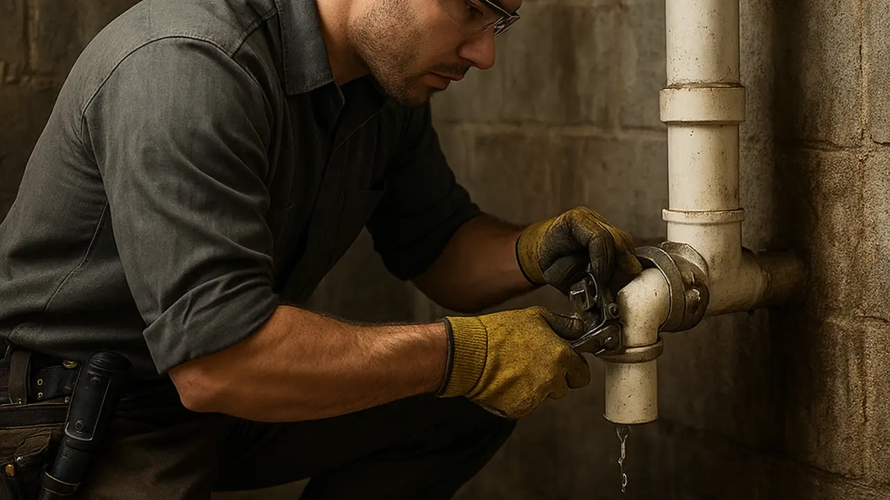 Burst Pipe Repair in Fountain Valley: licensed plumber applying a pipe clamp to a leaking PVC pipe in a basement utility