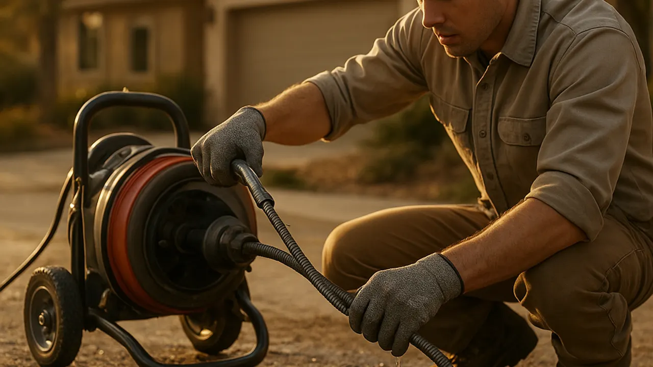 Emergency Plumber in Fountain Valley: close-up of a licensed plumber's gloved hands operating a heavy-duty motorized drain