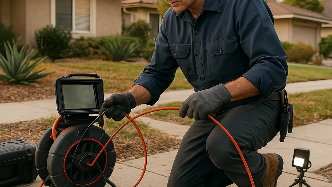 Sewer Repair Service in Fountain Valley: licensed plumber using a sewer camera system, feeding the camera head into an