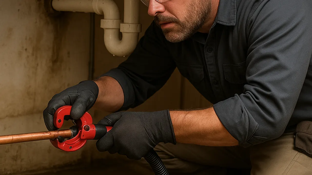 Emergency Plumber in Fountain Valley: licensed plumber using a specialized pipe cutter to precisely cut a copper pipe in a