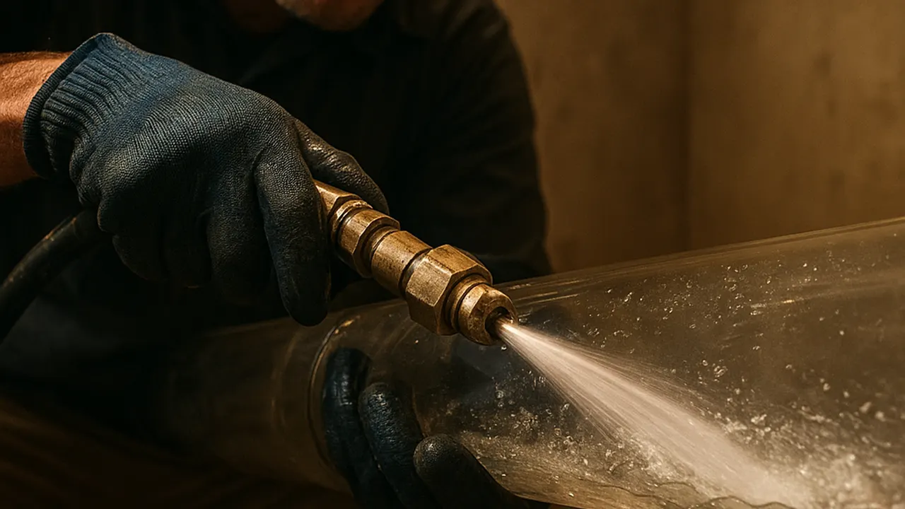 Hydro Jetting Services in Fountain Valley: close-up of a hydro-jetting nozzle spraying high-pressure water inside a section